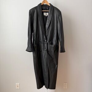 VTG Pelle Studio sz M Black Leather Double Breasted Long Trench Coat 80's Retro